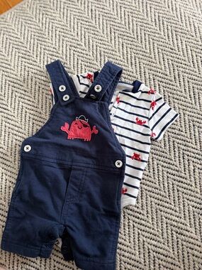 Little Me Navy Shortalls with Red Crab Appliqué and Striped Tee